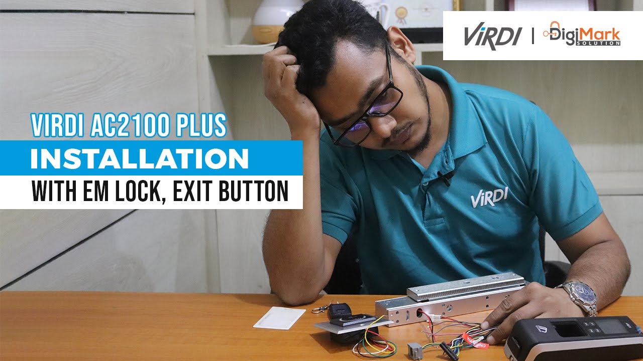 Virdi AC2100 Plus Device installation with EM lock, Exit button Digi