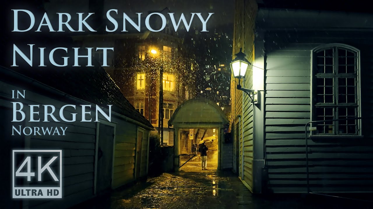 Dark Snowy Night in Bergen | Atmospheric 4K Walking Tour | Binaural Audio for Realxation