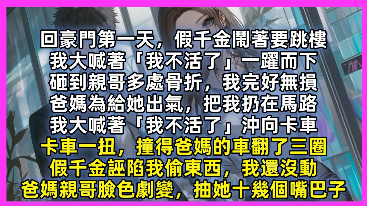 回豪門第一天，假千金鬧著要跳樓，我大喊著「我不活了」一躍而下，砸到親哥多處骨折，我完好無損，爸媽為給她出氣，把我扔在馬路，我大喊著「我不活了」沖向卡車，卡車一扭，撞得爸媽的車翻了三圈，假千金誣陷我偷東