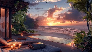 Sunset and Ocean Waves on Tropical Beach | Calm Fireplace Sound & Nature Beach Waves
