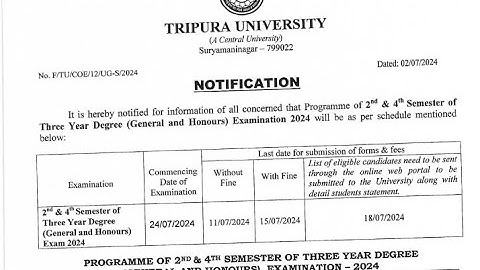 Tripura University (TDP/TDPH ) BA 2nd and 4th semester Exam routine 2024