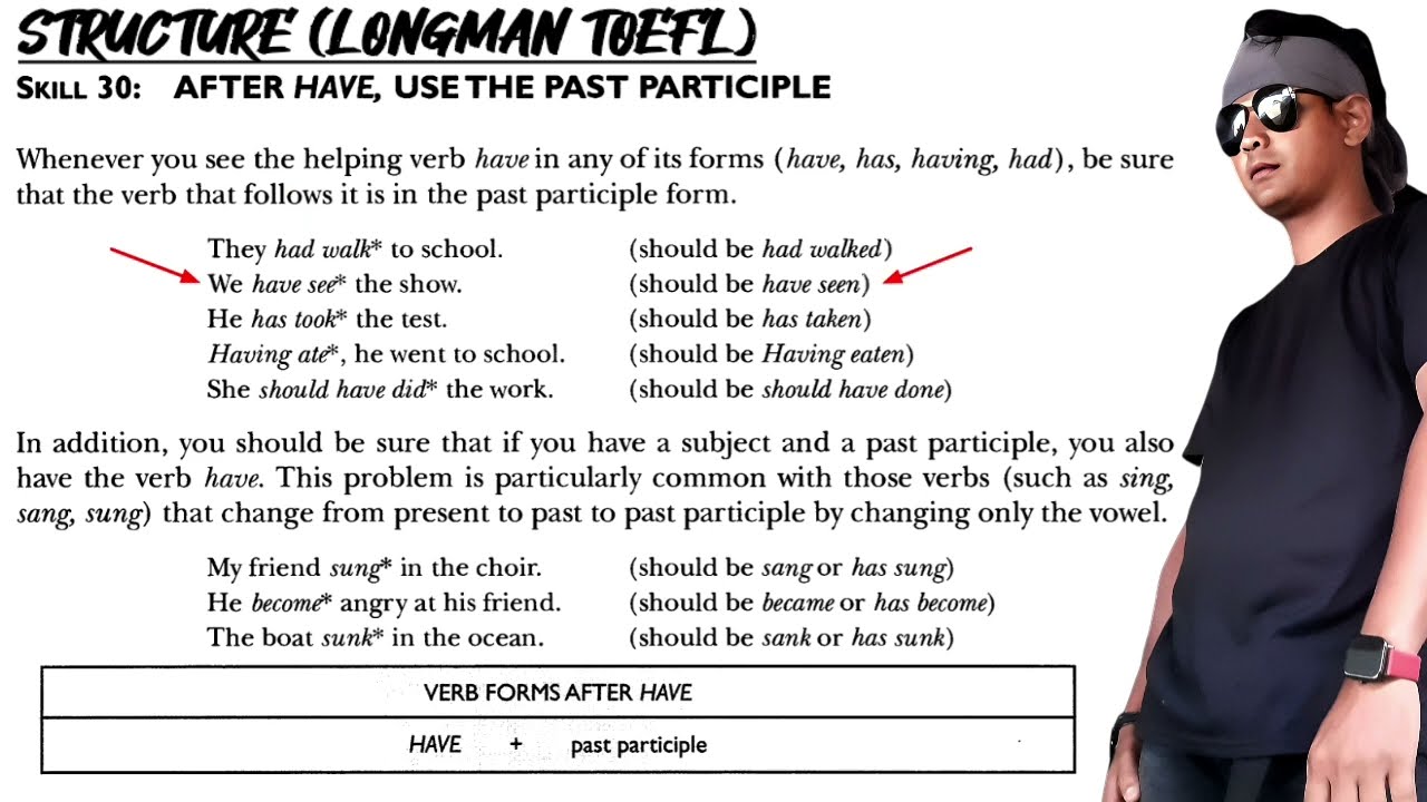 Structure Skill 30 (Longman TOEFL) After Have, Use The Past Participle