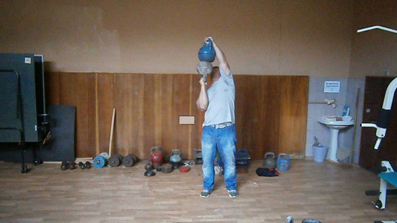 57 kg double stacked kettlebell long cycle bottom up press (2 reps) YouTube