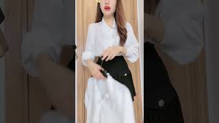 [ LanhChanh_Review ] Áo sơ mi nữ Lụa tơ tằm kèm chân váy xếp ly #outfit #chanvay #jean #xuhuong