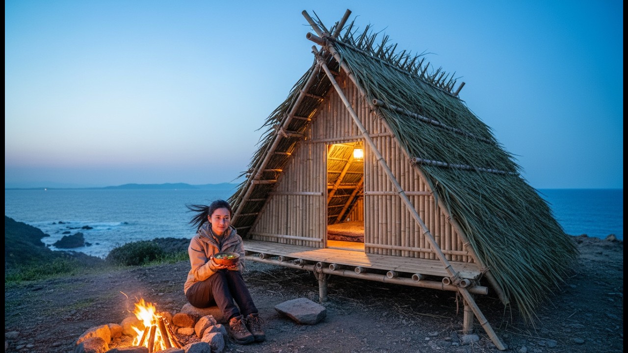 Cozy Solo Camping by the Ocean — Bamboo Hut, Campfire and Warm Soup (ASMR)