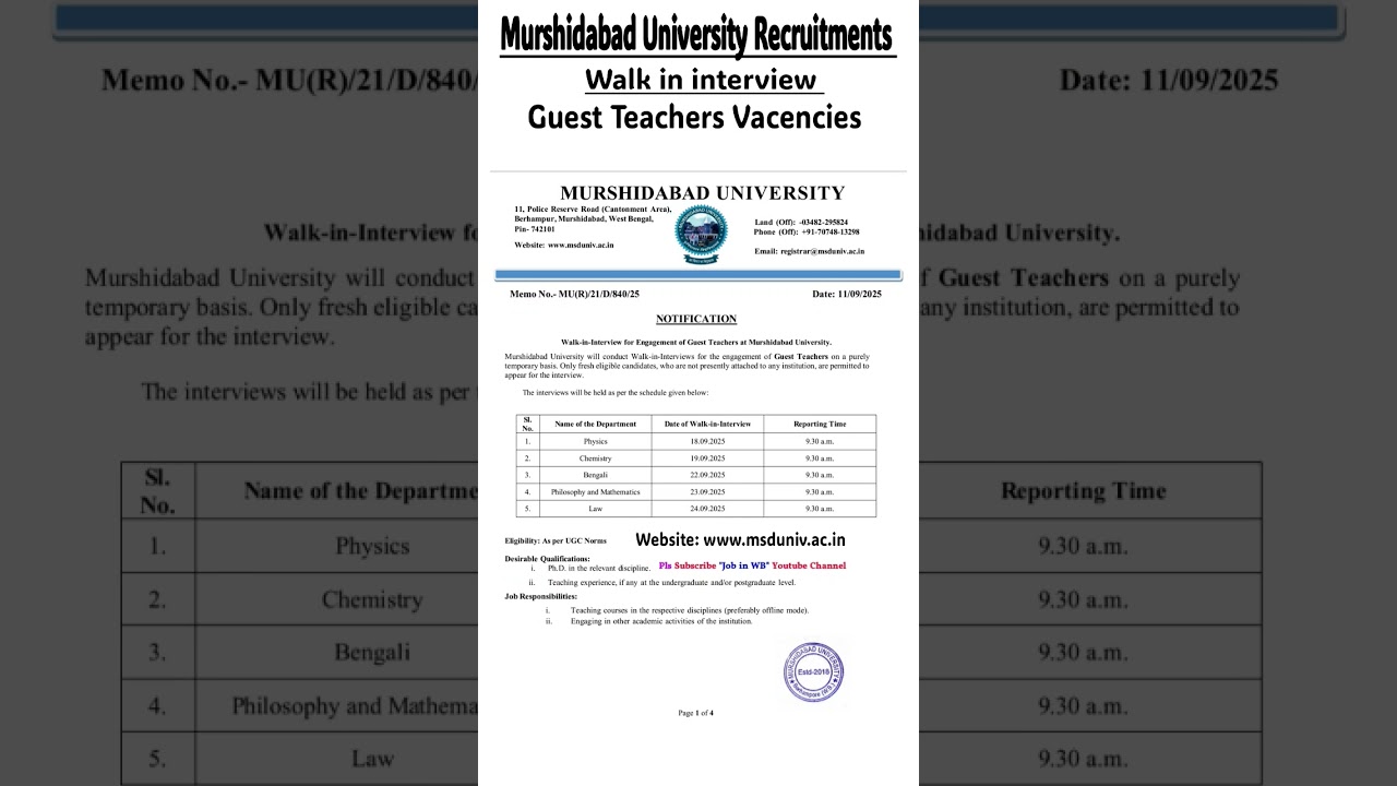 Murshidabad university Recruitments Notification | Guest Teachers job Vacencies | teachers job