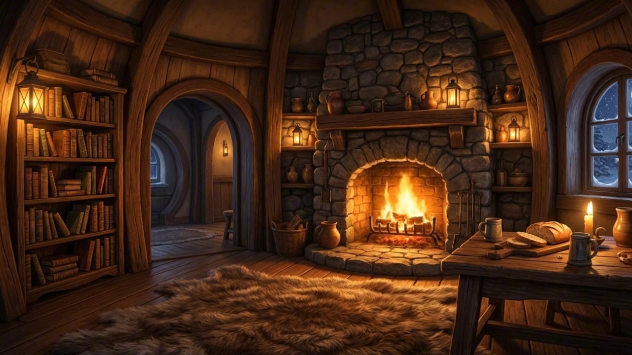 LIVE ❄️Cozy Hobbit Hole Blizzard Ambience | Crackling Fireplace & Howling Wind