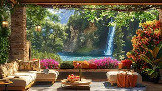 Dreamy Spring Sunrise  Cozy Porch with Waterfall View for Relaxing  Water & Bird song Forest Sound