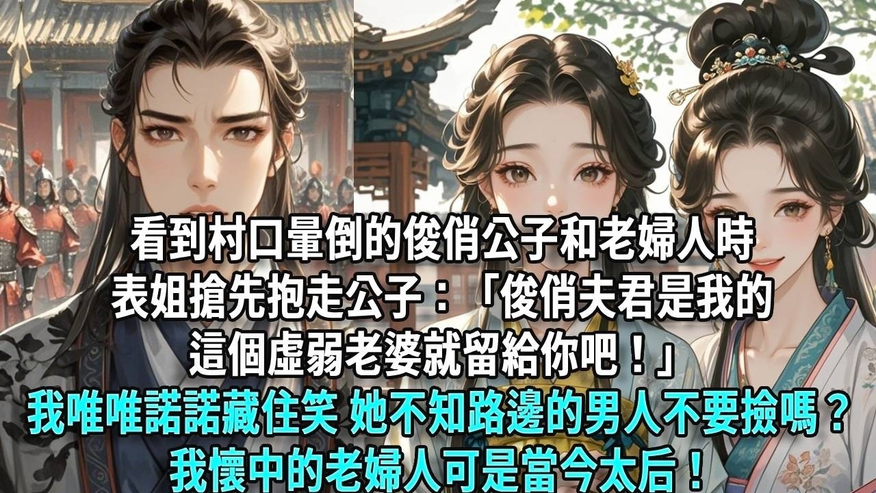 看到村口暈倒的俊俏公子和老婦人時，表姐搶先抱走公子：「俊俏夫君是我的，這個虛弱老婆就留給你吧！」我笑了，她不知路邊的男人不要撿嗎？撿什麼夫君，不如撿乾娘！