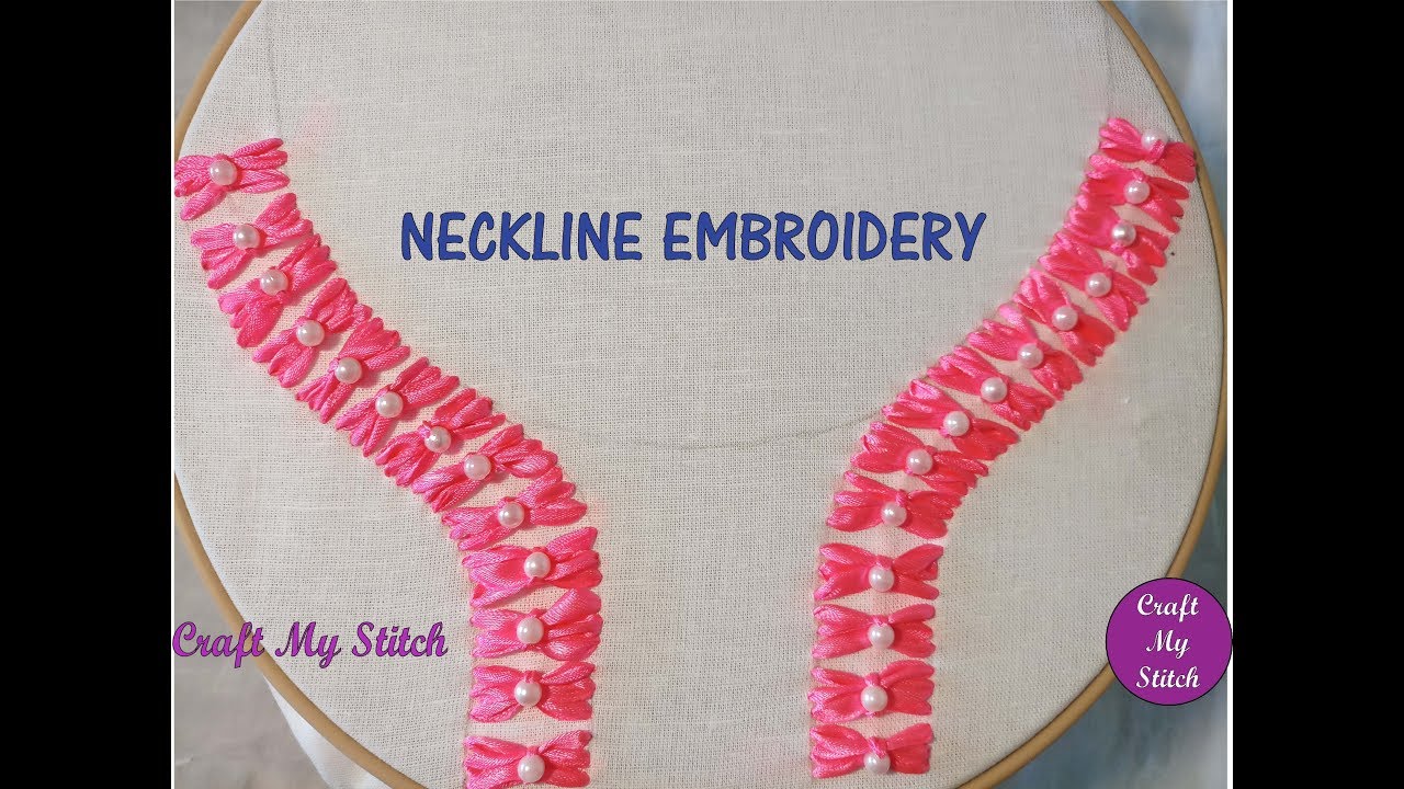 Hand embroidery | Neckline - Ribbon with pearls - YouTube