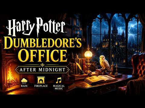 Harry Potter Ambience ⚡ Dumbledore's Office After Midnight | Rain, Fireplace & Magical Music