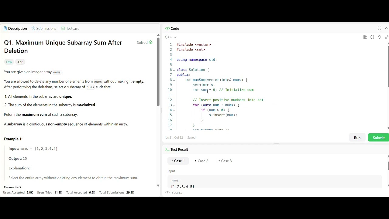 Q1. Maximum Unique Subarray Sum After Deletion #Leetcode_contest_live ...