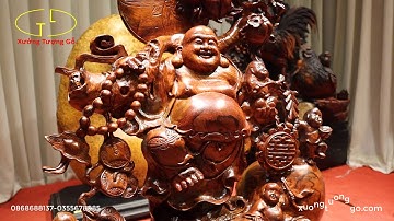 Tượng gỗ: Di Lặc Ngũ Phúc vác cành Đào|Gỗ cẩm lai siêu đẹp|xưởng tượng gỗ