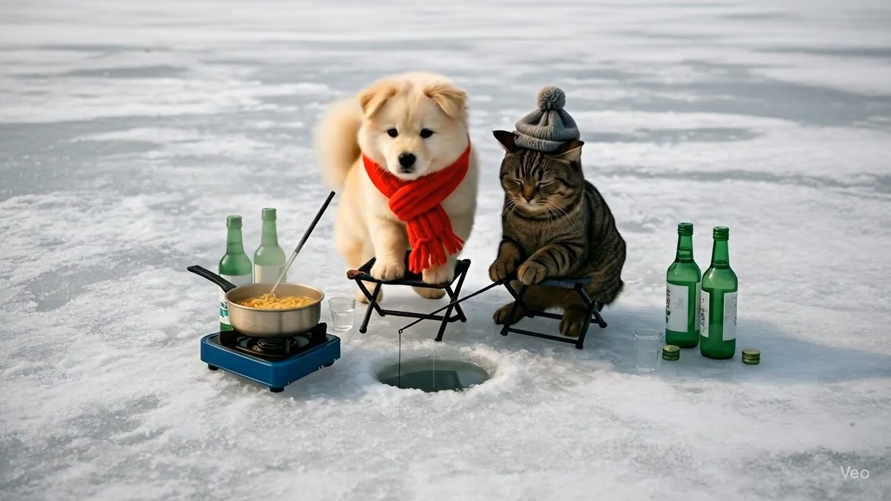 "Dogs & Cats Go Winter Ice Fishing – Cutest Camping Adventure!"