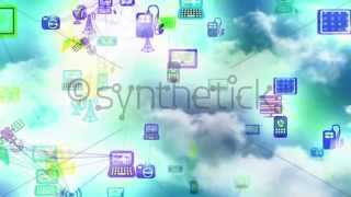 Loop of network of digital devices, with clouds background.