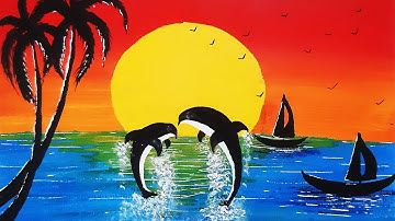 Paint Dolphin Dive at Sunset | Sunset Scenery | Easy Acrylic Painting