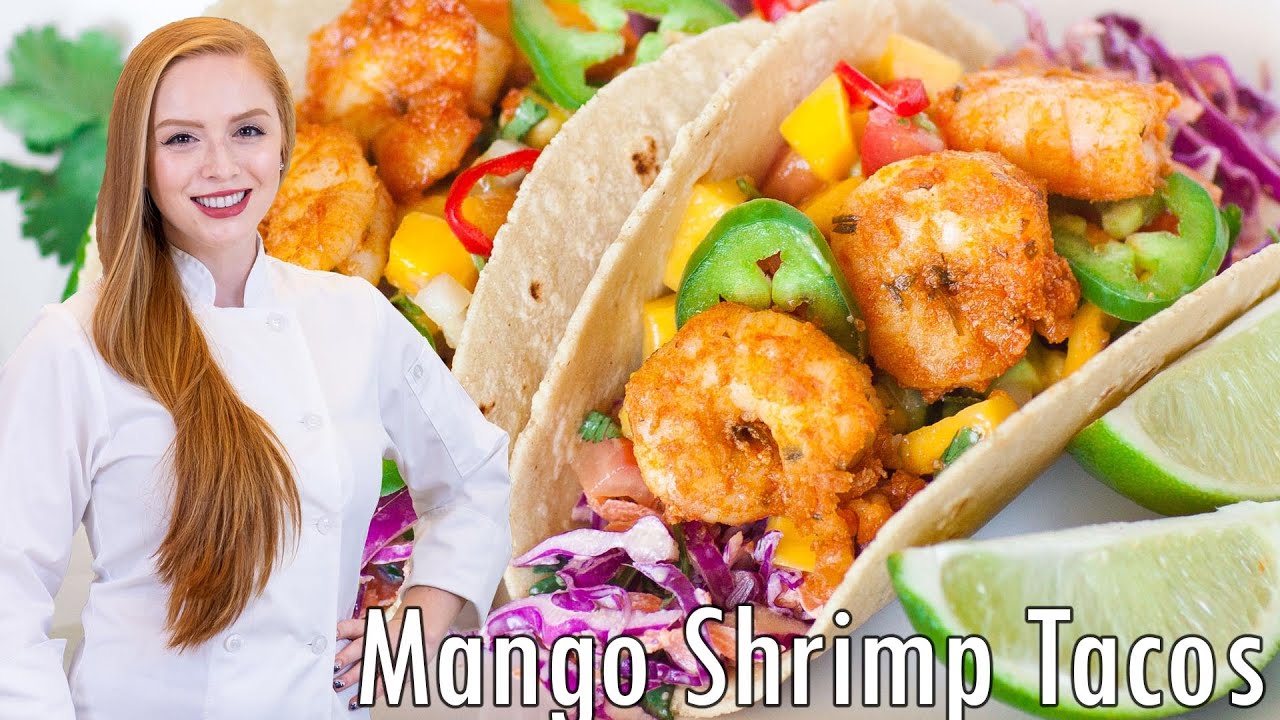 The BEST Shrimp Tacos Recipe with Mango Salsa & Red Cabbage Slaw!!