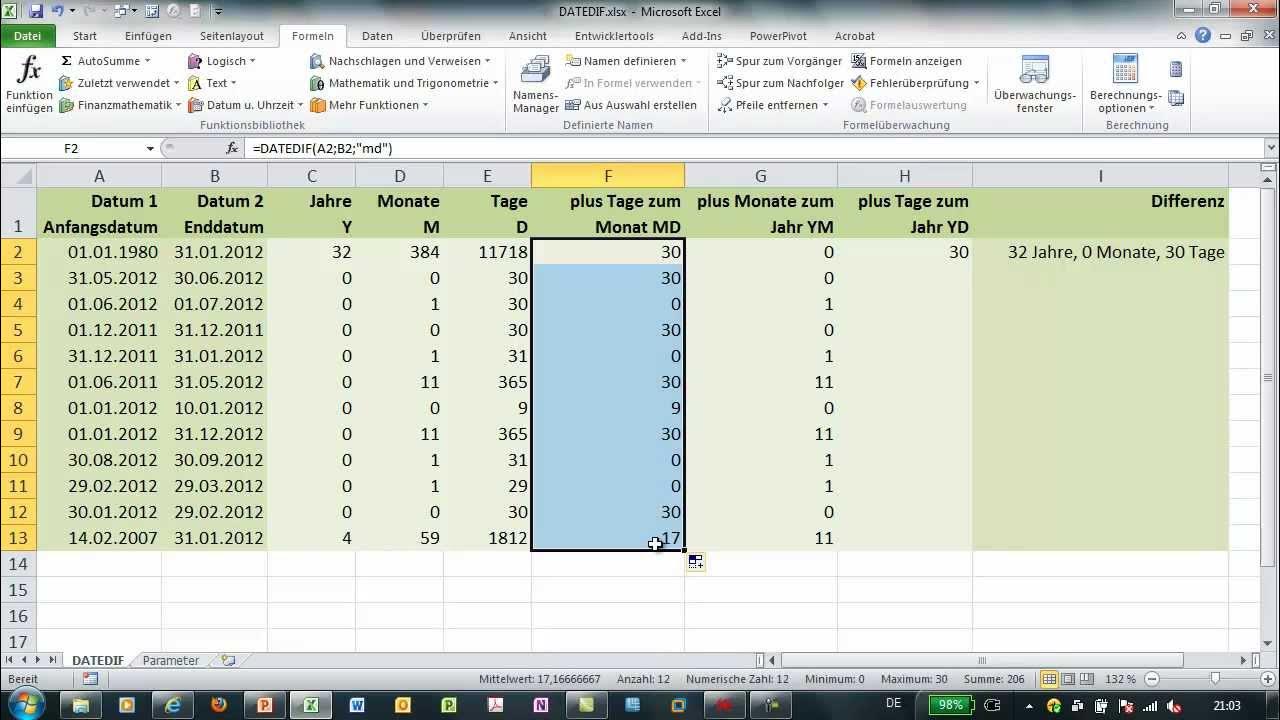 Excel DATEDIF Funktion für Datumsdifferenzen YouTube