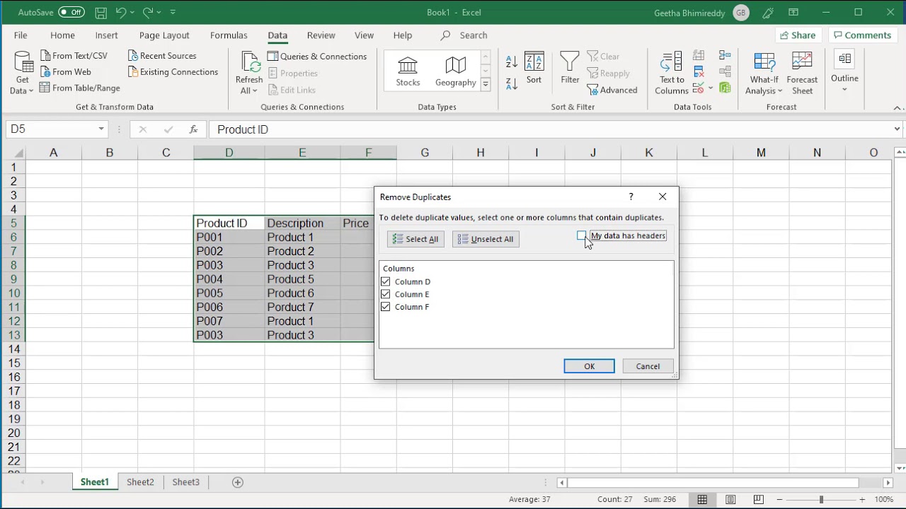 Suradam Henholdsvis fordrejer How to Remove Duplicate Rows in Excel - Office 365 - YouTube