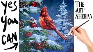 Cardinal Christmas Winter Scene 🌟🎨  How to Draw and paint with Acrylic Step by step