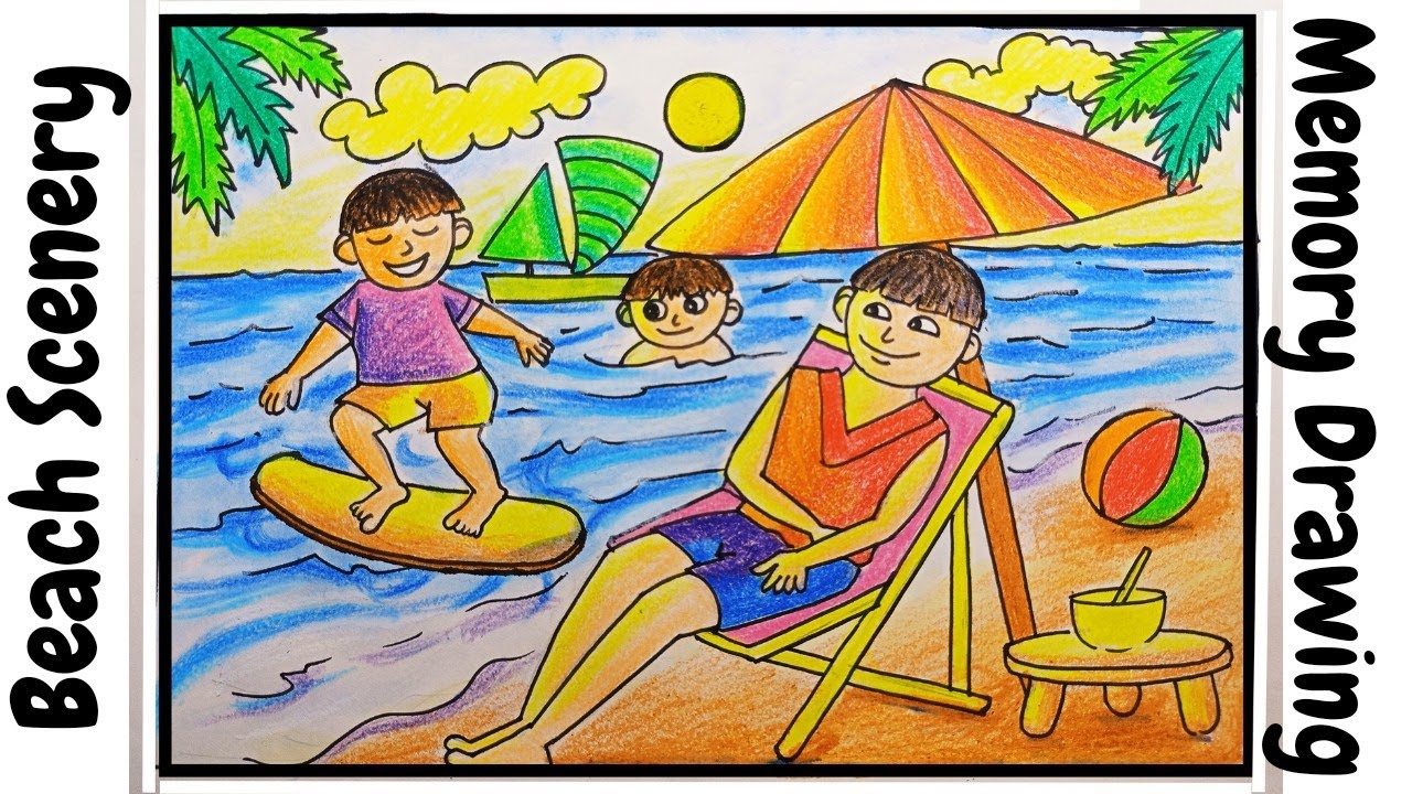 How to draw Beach Scene for kids | Memory drawing | Summer season ...