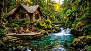 The Cozy Stone Cabin by the Clear Green Water 🌿Relaxing Piano, Birds and Campfire Sounds for Focus