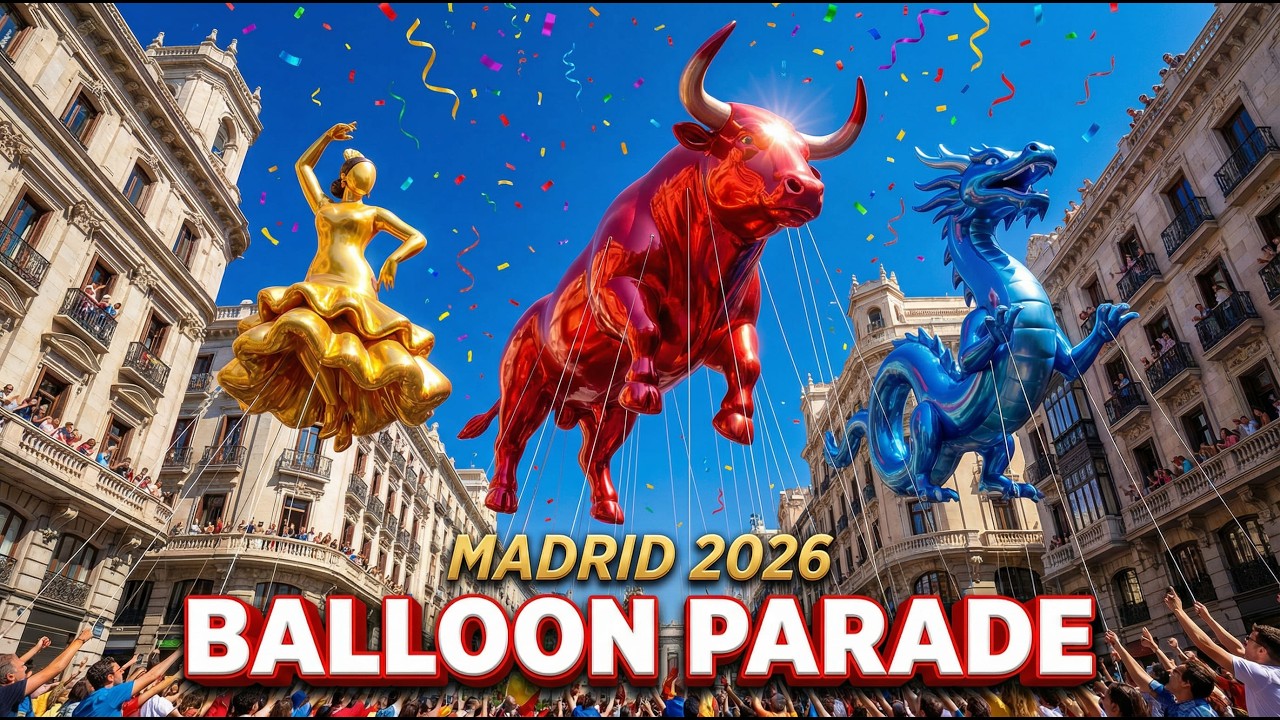 Giant Balloon Figure Parade Madrid 2026. Spain in 4K