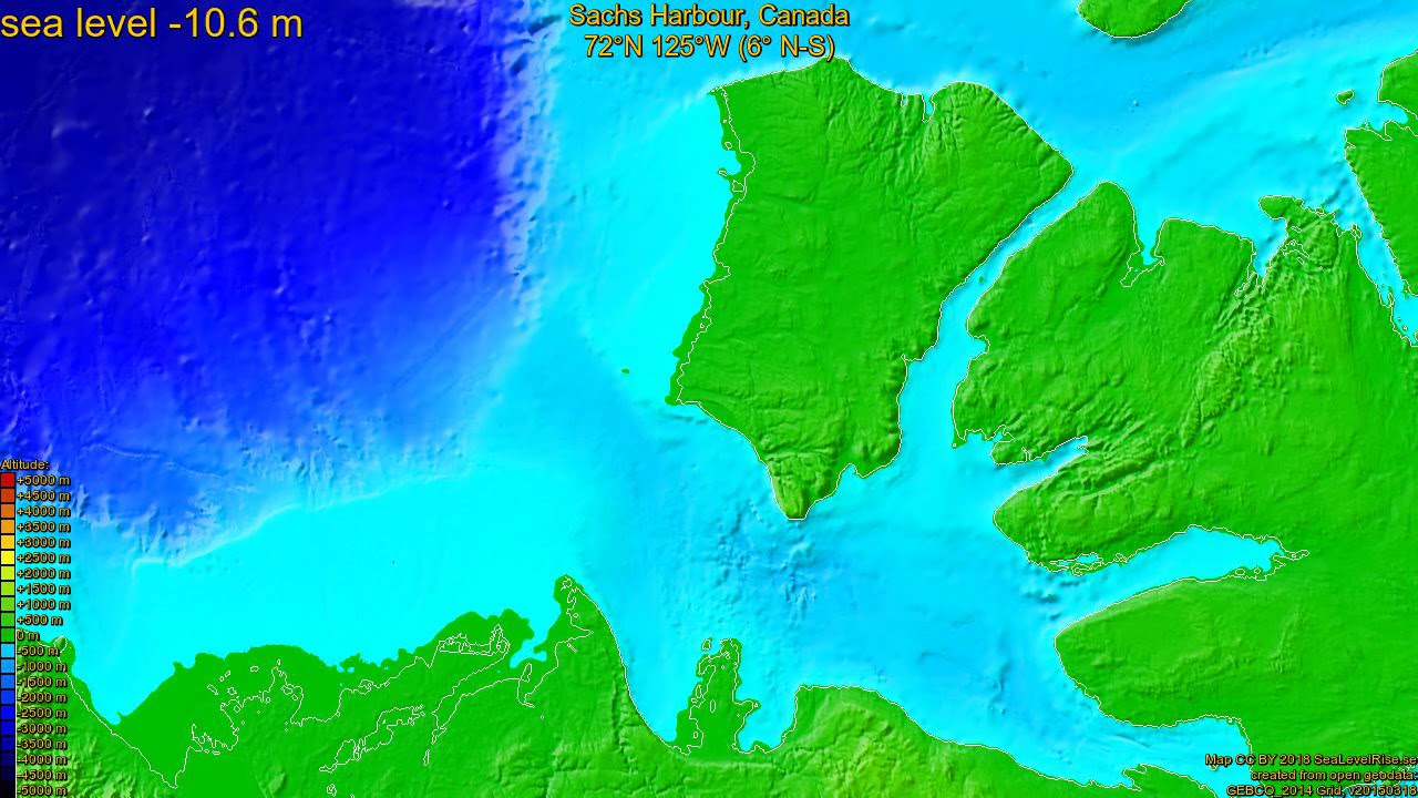 Sachs Harbour, Canada, sea level rise -135 - 65 m