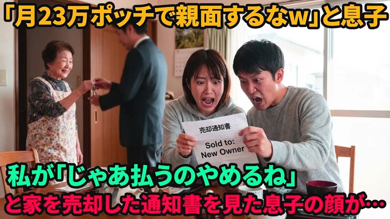 【スカッと】「住宅ローンごときで偉そうにw」と私を笑う息子夫婦。翌日、私が家を売却し、退去通告を突きつけた結果、2人がホームレスにw【シニアライフ】【60代以上の方へ】