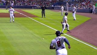 OAK@ATL: Ballboy runs into left to avoid live ball