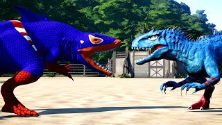 Epic fighting! indominus rex vs Shark megalodon T-rex vs Carnotaurus, Venom Jurassic world evolution