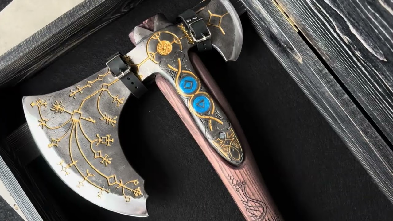 kratos-gold-4 - Premium Wooden Gift Box - Hand-forged Leviathan axe with leather wrap