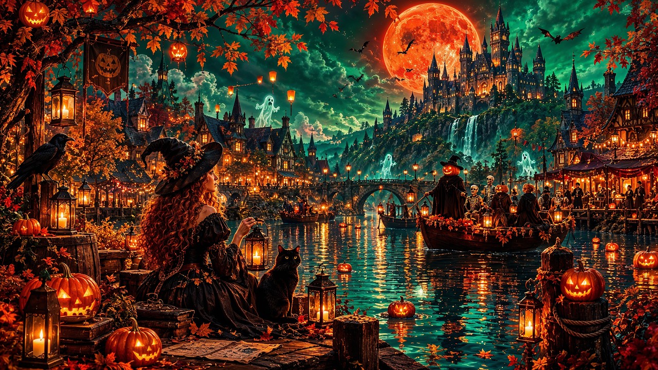 Cozy Autumn Town at Spooky Night ๐ Relaxing Halloween Ambience ๐ป Haunted Sounds & Halloween Music