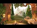 Tree Stump House in Cozy Summer Forest Ambience with Crackling Campfire and Relaxing Birdsong Sounds