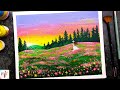 Sunrise in Mountain Girl Standing in Flower Field Acrylic Painting| #Dailychallenge23 | Paint It