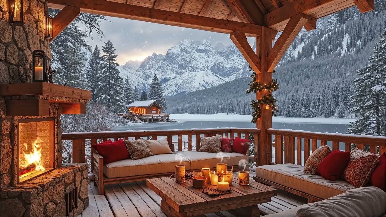 Snowy Winter Porch Jazz ☕ Cozy Fireplace Ambience & Smooth Jazz Music for Calm Relaxing Moments