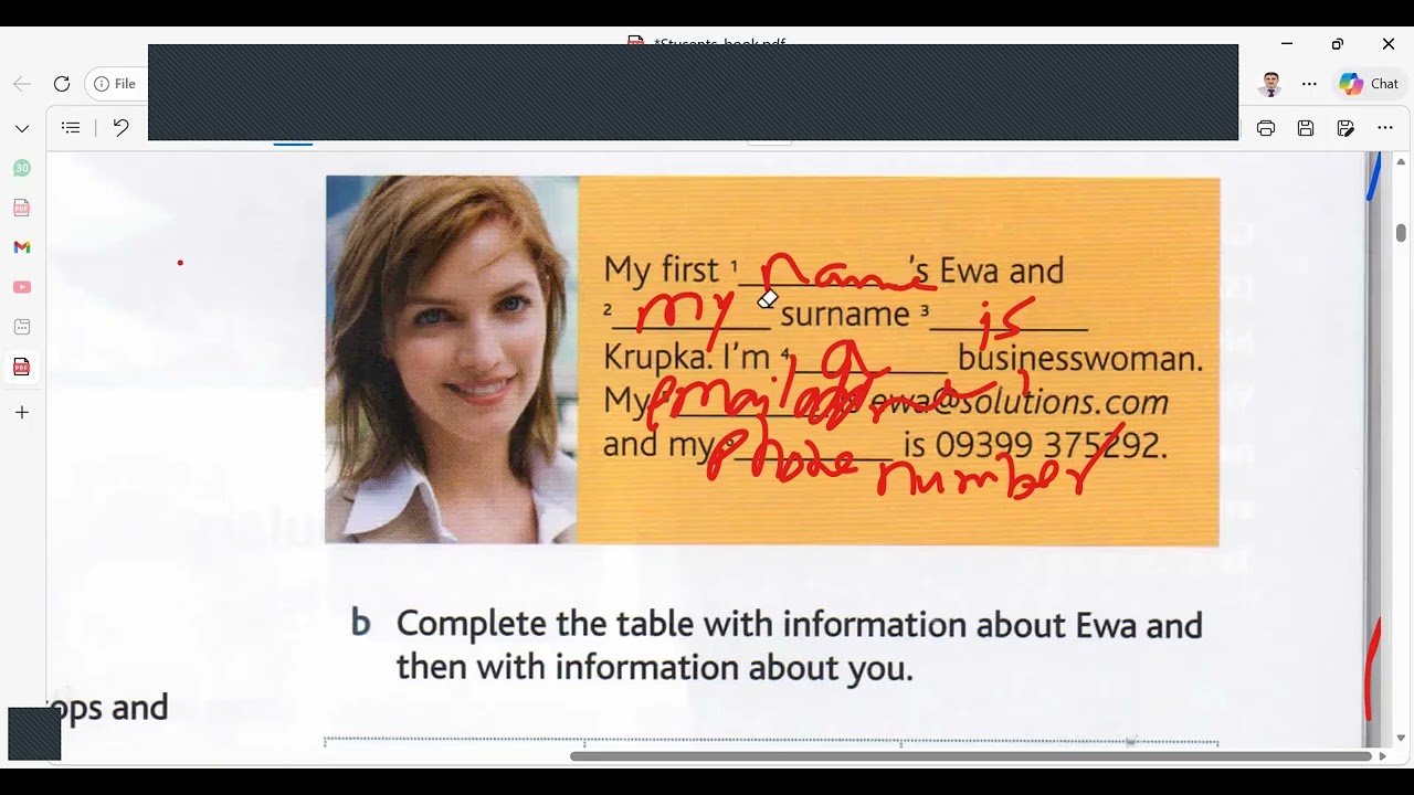 A1 Level- Cutting Edge Starter-Writing a paragraph about personal information in complete sentences
