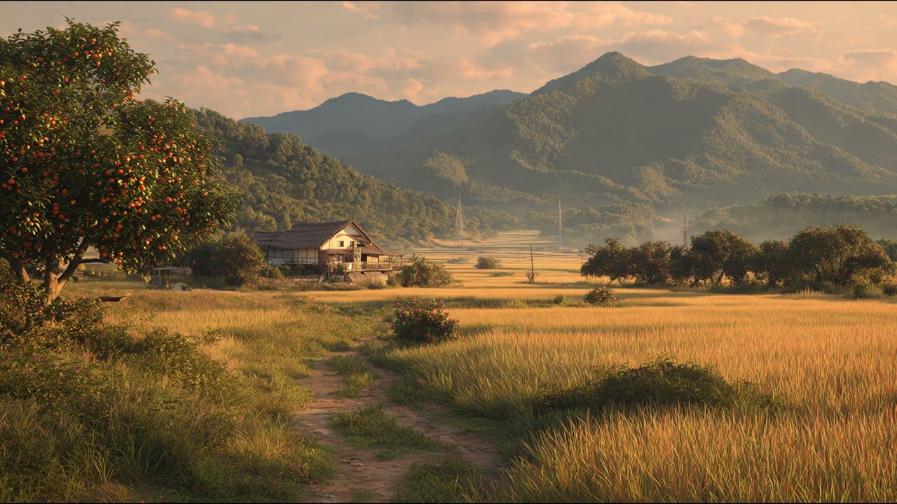 🌾 Korean Countryside Golden Hour | Autumn Fields Lofi Music | 1 Hour Relaxing BGM