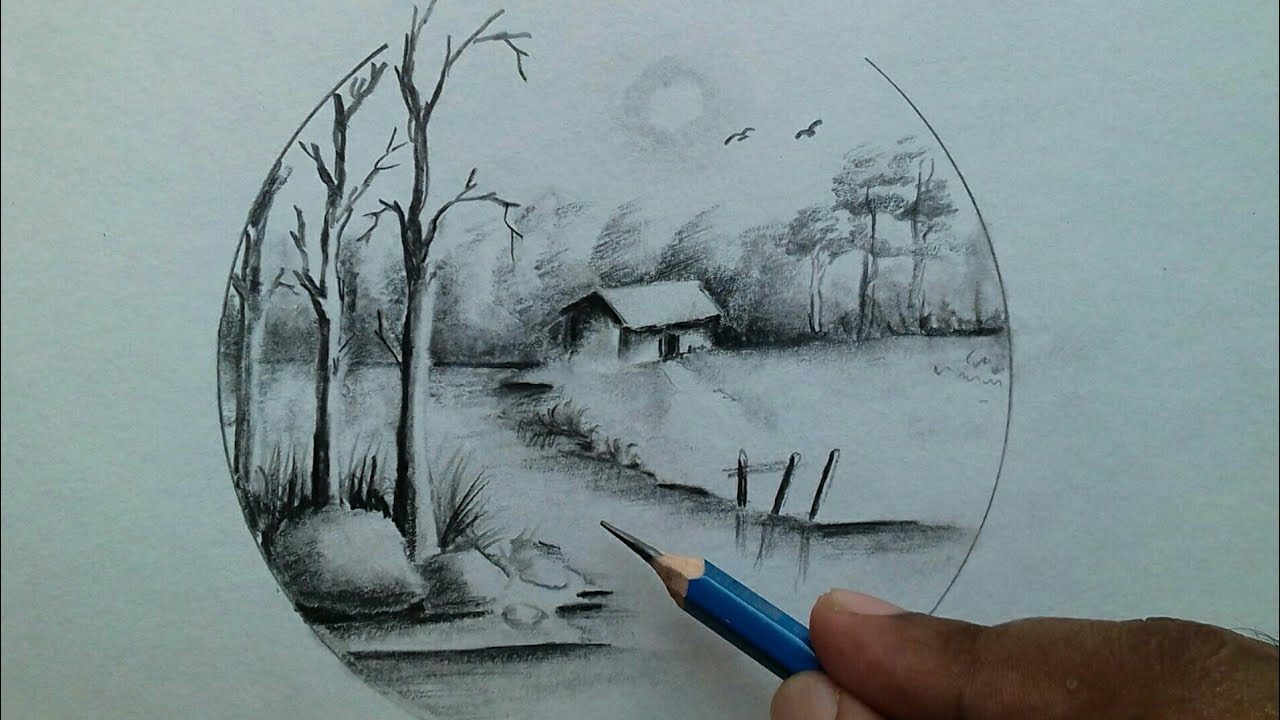 How to draw simple village scenery drawing pencil sketch / landscape ...