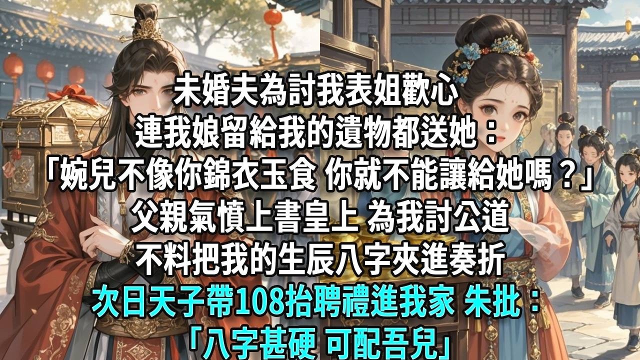 未婚夫為討我表姐歡心，連我娘留給我的遺物都送她：「婉兒不像你錦衣玉食，你就不能讓給她嗎？」父親氣憤上書皇上為我討公道，不料把我的生辰八字夾進奏折，次日天子帶108抬聘禮，朱批：「八字甚硬，可配吾兒。」