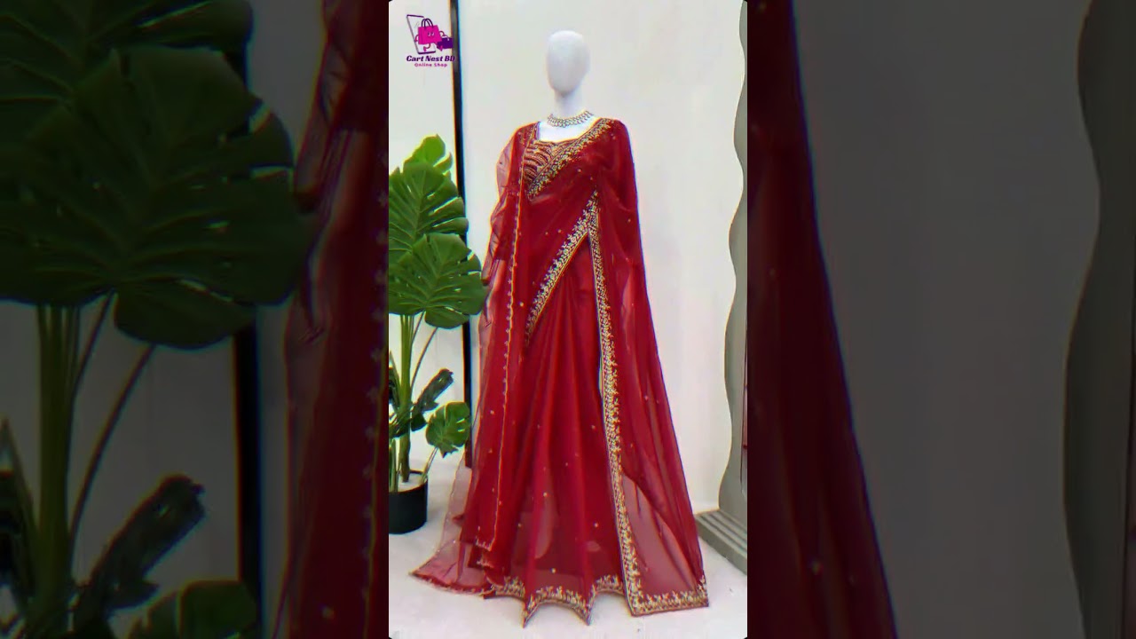 Elegant Red Faux Georgette Saree - Pearl Sequence Work