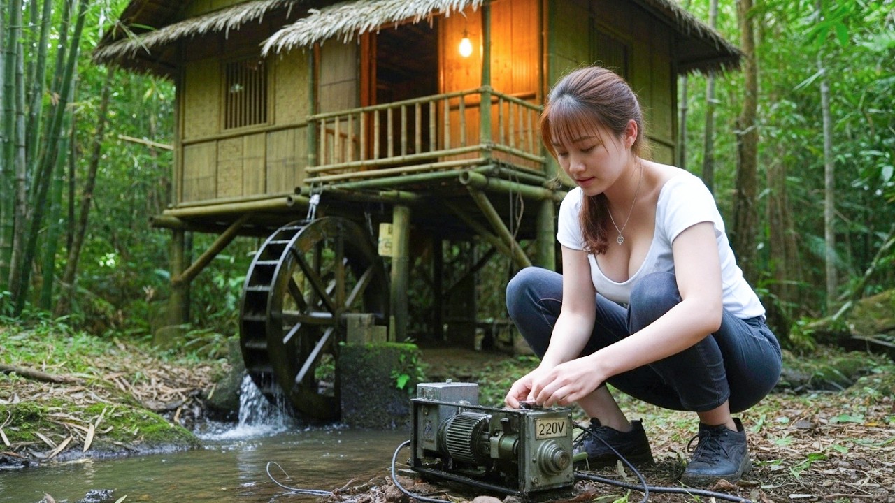 CEO Girl Builds Water-Powered 220V Generator to Light Her Bamboo Home | Off-Grid Survival Life
