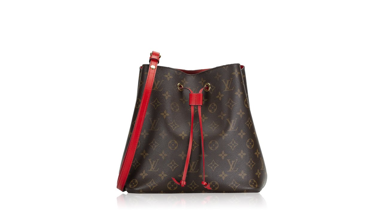 Louis Vuitton LV NeoNoe Handbag MM Brown Monogram Canvas.  Red/Poppy/Coquelicot