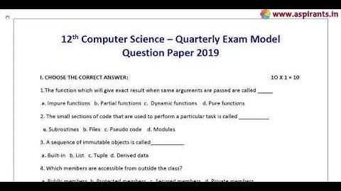 12th Computer Science Quarterly Exam Model Question Paper 2019-20 | Tirupur District |English Medium