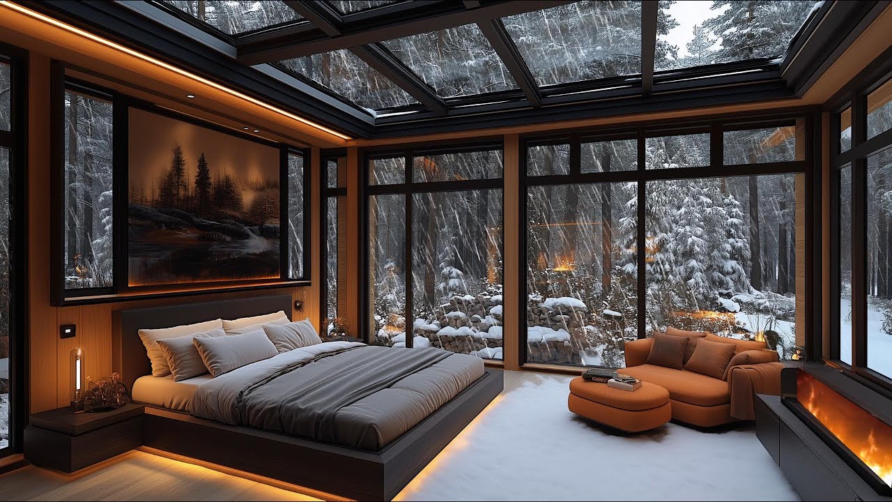 Luxury Winter Cabin Modern Bedroom with Fireplace and Snowy Views - YouTube