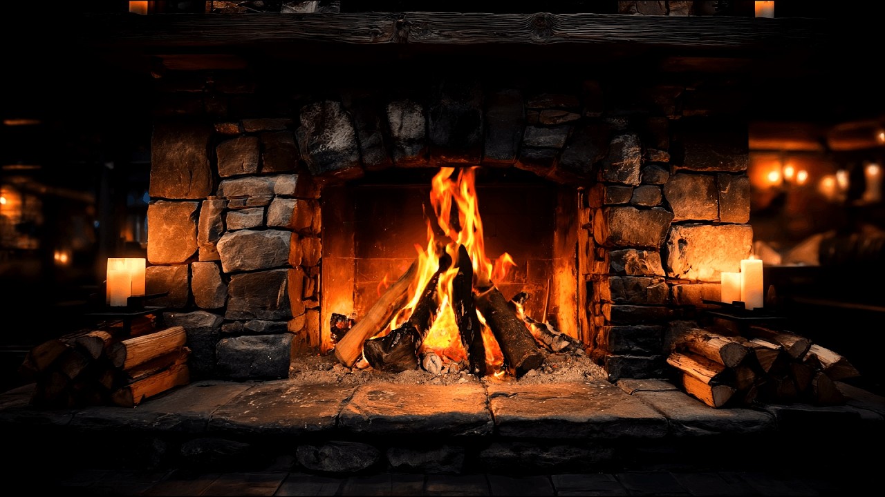 Relaxing Cozy Cabin Fireplace Ambience 4K (12 Hours) with Soft Crackling Logs