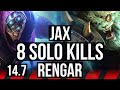 Jax vs rengar top  8 solo kills 68 winrate 911 legendary  kr master  147