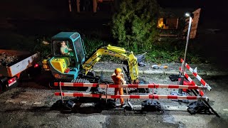 Water pipe failure. Night emergency work, RC Scale excavator, Yanmar B37V, ErneFant suction Truck