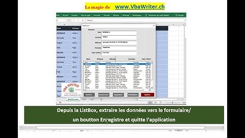VBA ListBox/ Extraire données vers Formulaire/  bouton Enregis- Quitte/ sans codage_7. www.VbaWriter