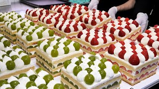 꾸덕한 생크림 듬뿍! 달콤한 다양한 생과일 스퀘어 케이크 만들기 (딸기, 청포도) making various square fruit cake - korean street food